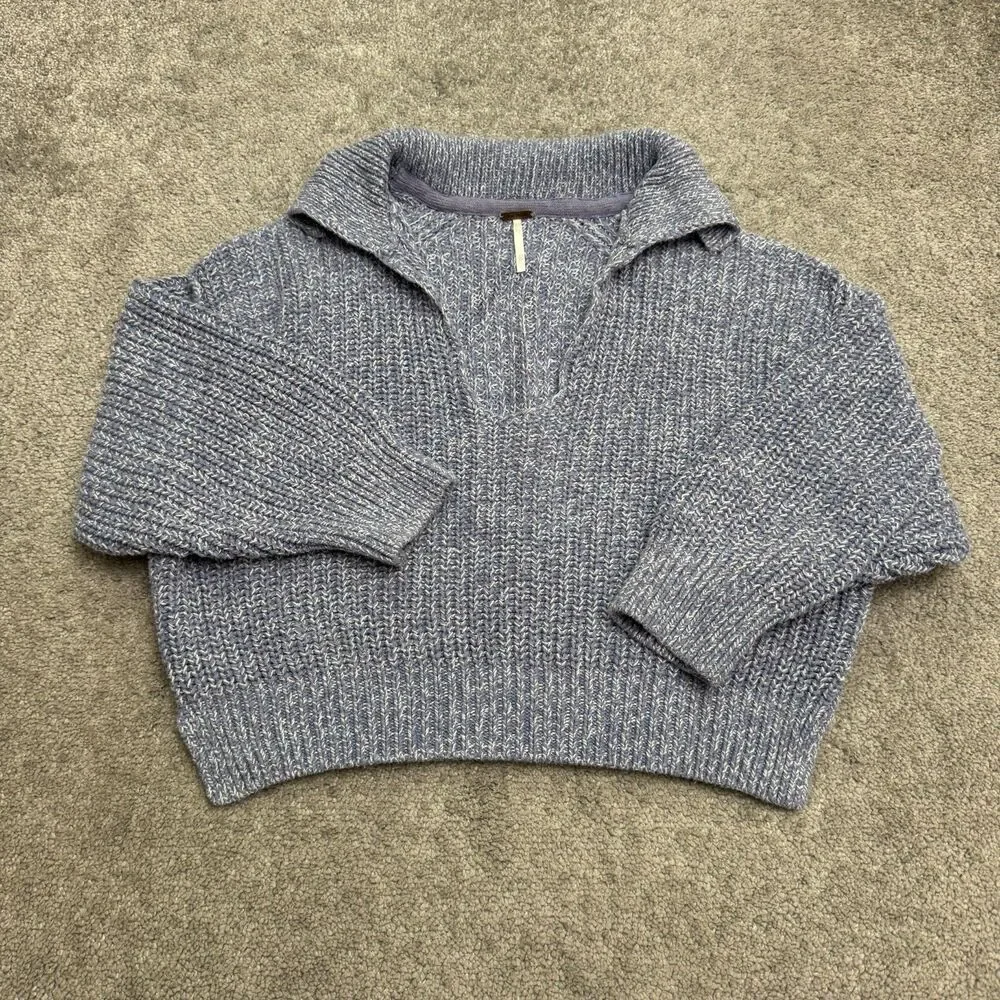 Free People Chunky Cotton Blend Collared V-Neck Sweater Women XS Blue LongSleeve